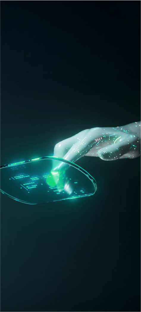 Lösungsanbieter für Industrie 4.0 Digitalisierung Digitale Hand steuert futuratives Interface – Symbol für Innovation und industrielle Digitalisierung