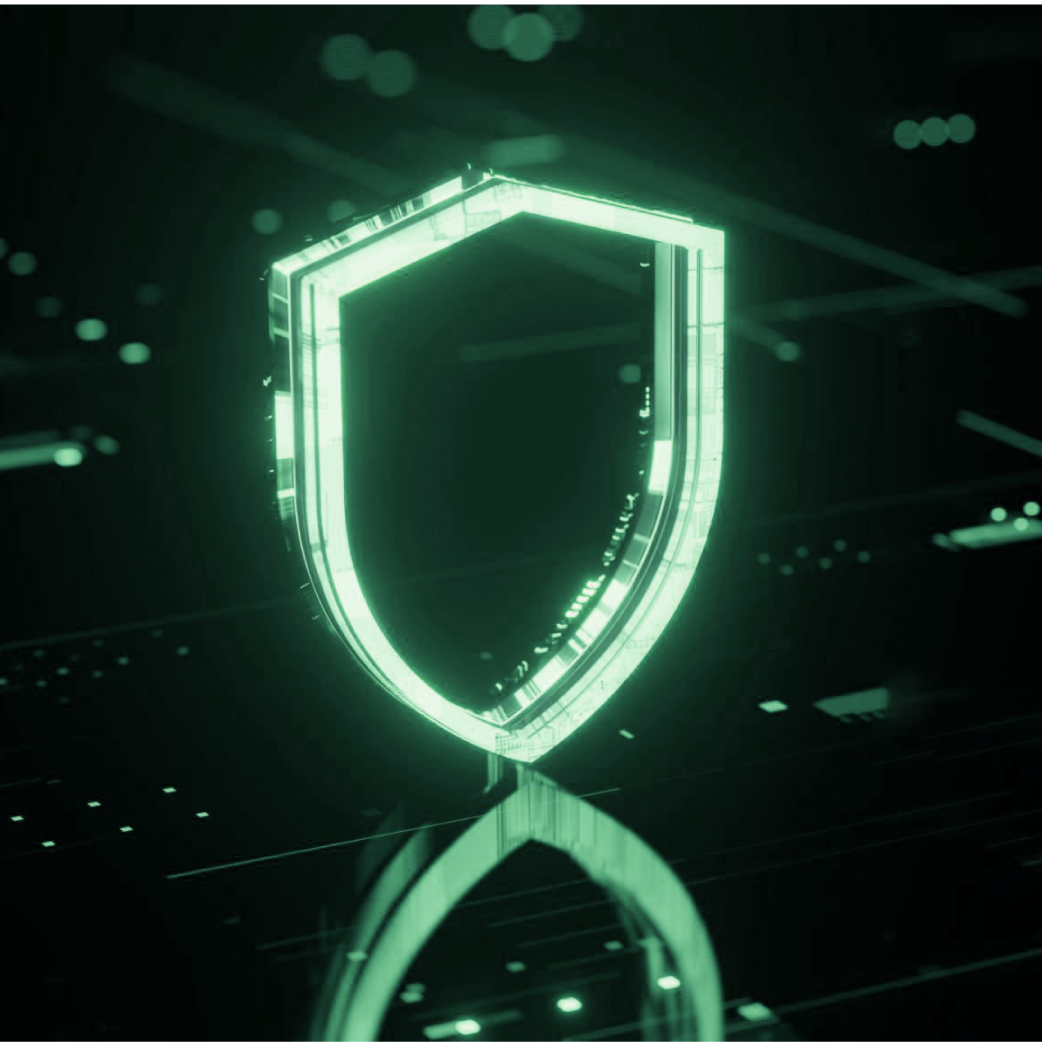  Sichere Digitalisierung in der Industrie durch belastbare Geräte Leuchtendes digitales Schutzschild – Symbol für Datensicherheit und IT-Souveränität